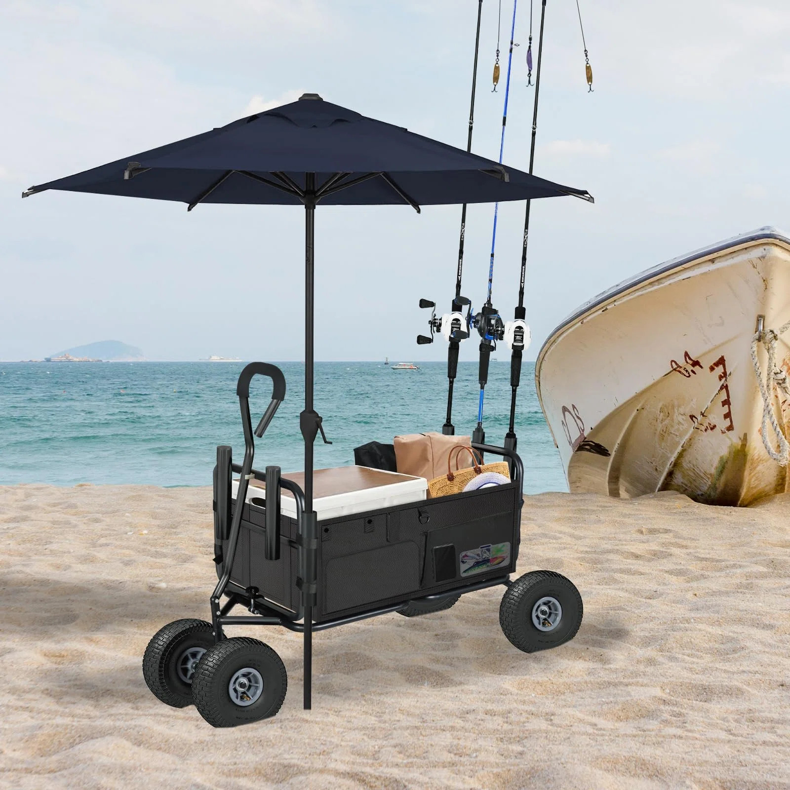 Fishing Cart Beach Cart Collapsible Wagon w/11'' All-Terrain Wheels for Sand with Storage Pockets | Wayfair North America