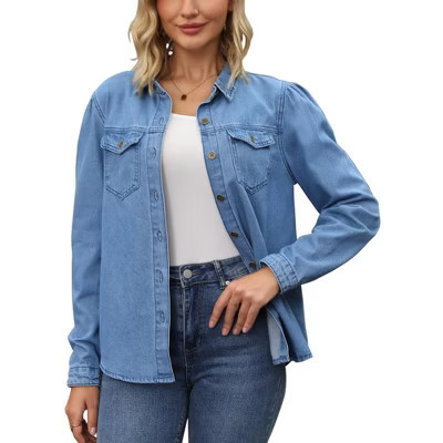 INSPIRE CHIC Women's Denim Puff Long Sleeve Button Down Jean Shirt Jacket Small Blue | Target