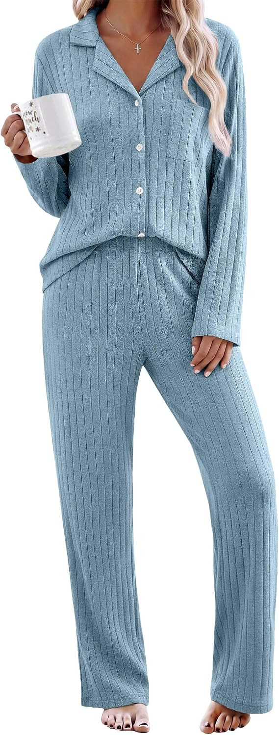 Ekouaer 2 Piece Pajamas Sets for Women Long Sleeve Ribbed Knit Loungewear | Amazon (US)