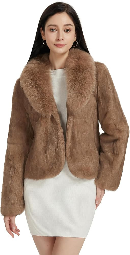 Fur Story Women's Genuine Rabbit Fur Coat Fuzzy Warm Fur Jacket Winter Outware | Amazon (US)