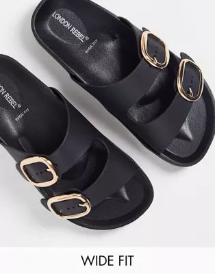 London Rebel wide fit double buckle footbed sandals in black | ASOS (Global)