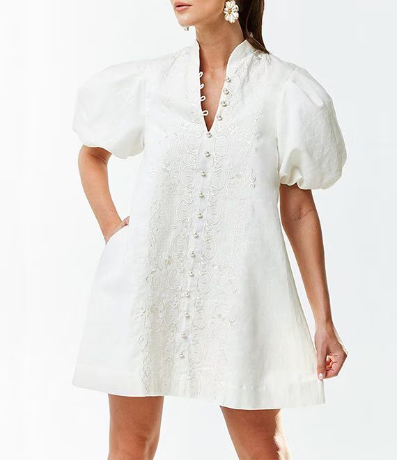 Linen Elliana Mandarin Collar Puff Sleeve Embroidered Button Front Mini Dress | Dillard's