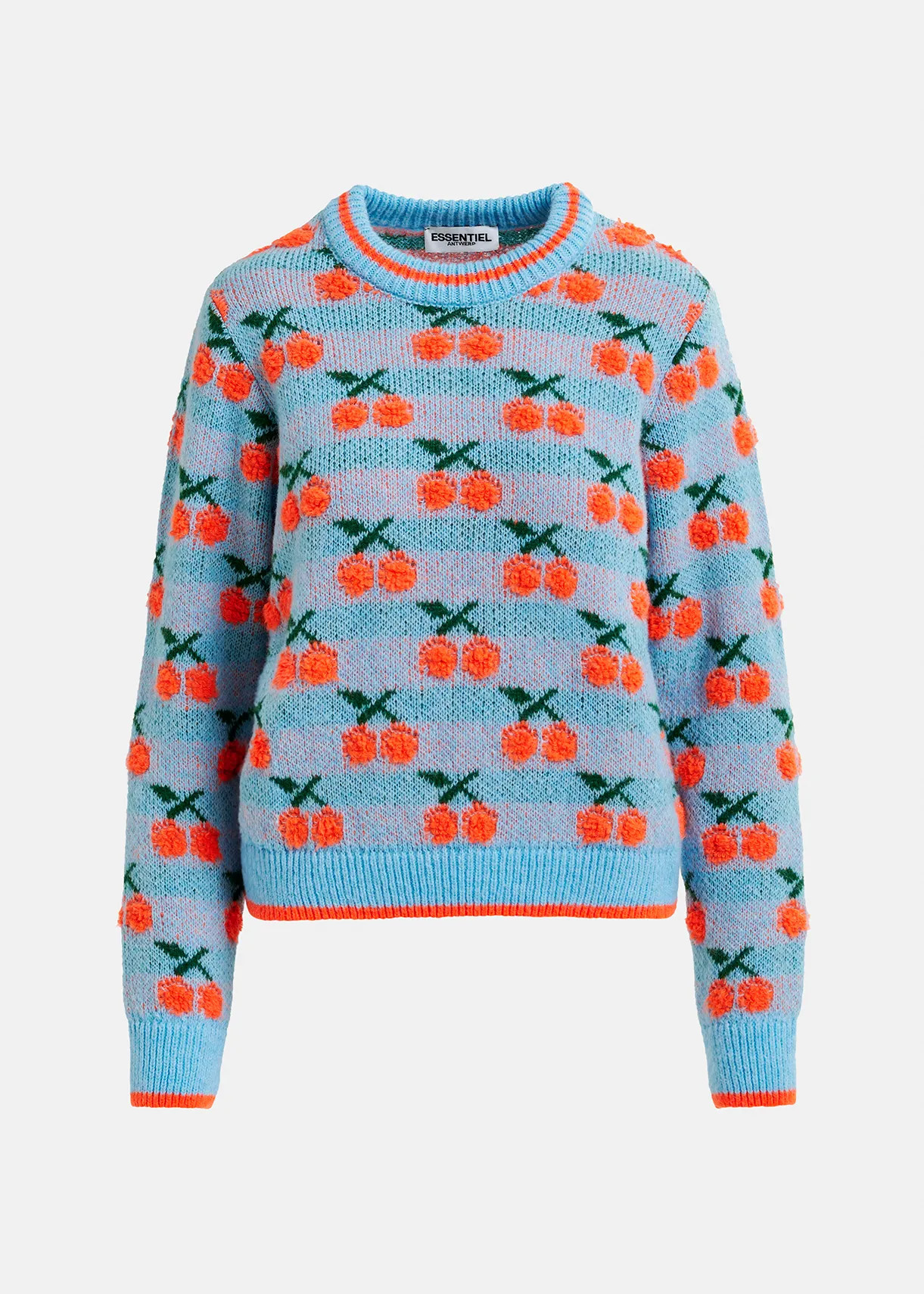 Blue and orange intarsia-knitted sweater with cherry pattern | Essentiel Antwerp United States | Essentiel Antwerp