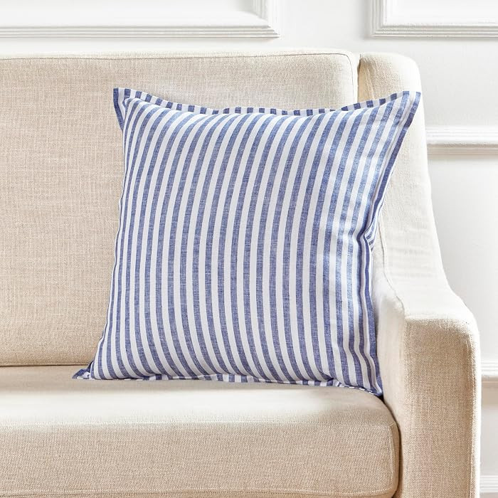 Solino Home Linen Pillow Cover 20 x 20 Inch - 100% European Flax Navy and White Stripe Decorative... | Amazon (US)
