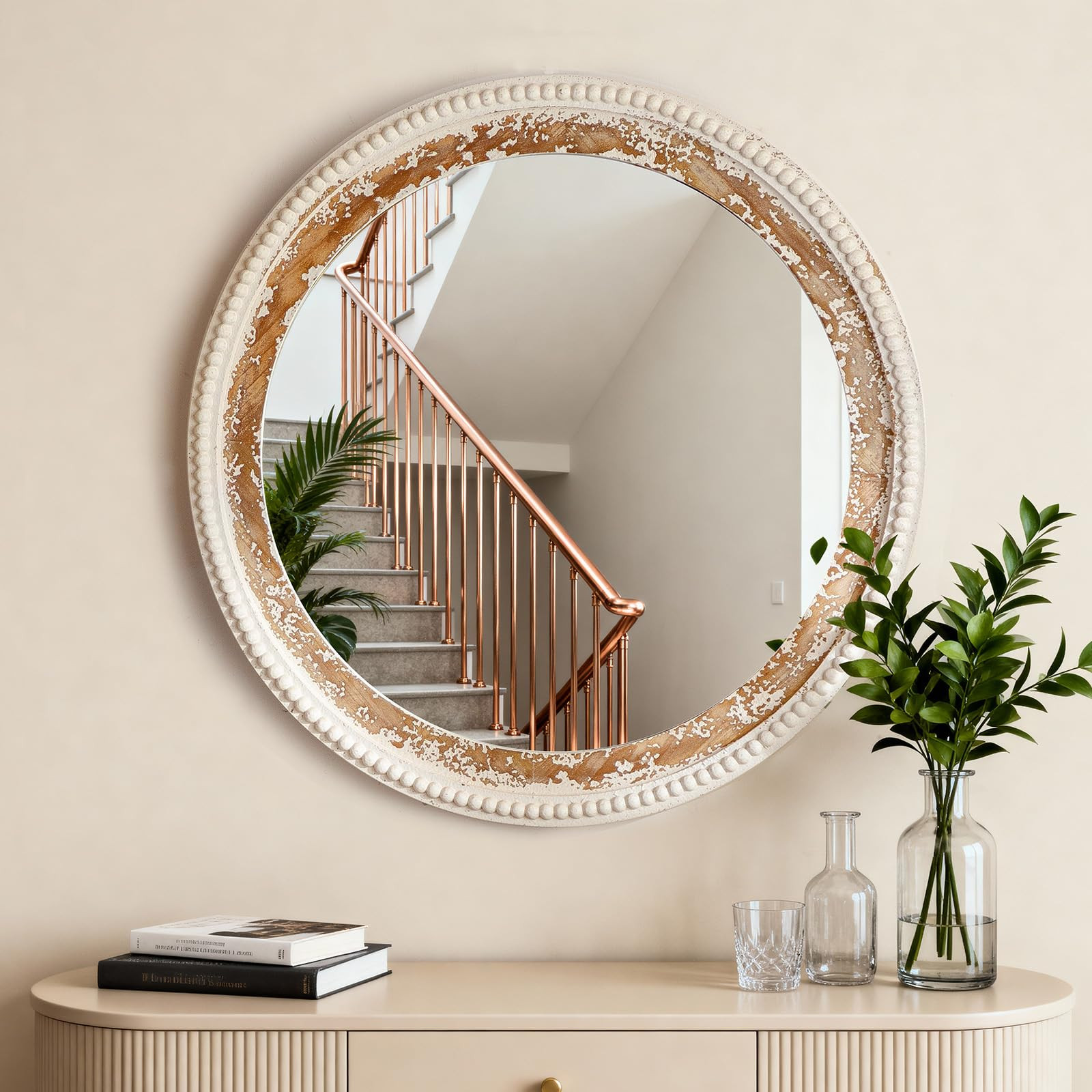 36" Round Wooden Mirror for Wall, Farmhouse, Boho Beaded Mirror & Rustic Mirrors for Wall Decor, ... | Amazon (US)
