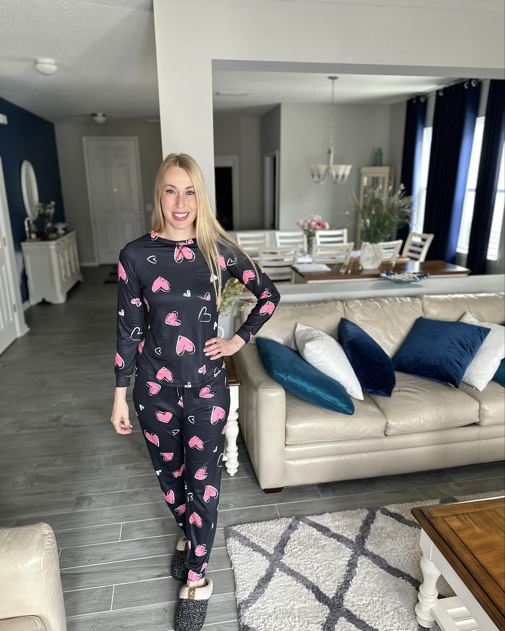 Black and pink heart lounger 
❤️ these are so fun for Valentine’s Day 
❤️  they are very cozy, fitted, stretchy and comes in lots of other colors and options 
❤️ I am wearing size small

#LTKFindsUnder100 #LTKStyleTip #LTKFindsUnder50