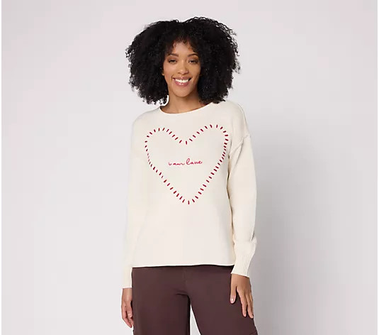 Peace Love World 100% Cotton Novelty Motif Sweater - QVC.com | QVC
