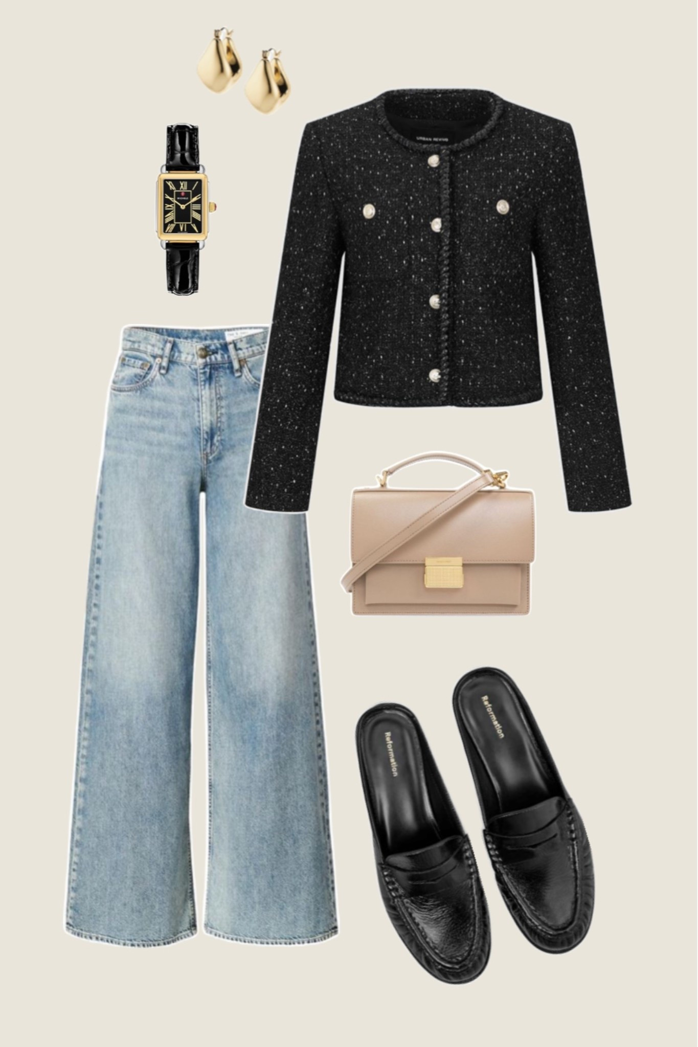 An elevated everyday look with a classic twist. A black tweed jacket styled with wide leg jeans, timeless loafers, gold accessories, and a neutral structured bag for a chic, polished outfit you’ll wear on repeat.

black tweed jacket outfit, wide leg jeans outfit, elevated casual outfit, chic everyday outfit, neutral outfit women, old money style outfit, classic outfit ideas, polished casual look, loafers outfit women, capsule wardrobe outfit, minimalist style outfit, quiet luxury outfit, fall outfit ideas women, black loafer outfit 