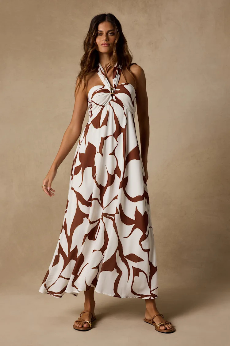 Adalina Brown and White Floral Halter Midi Dress | Lulus