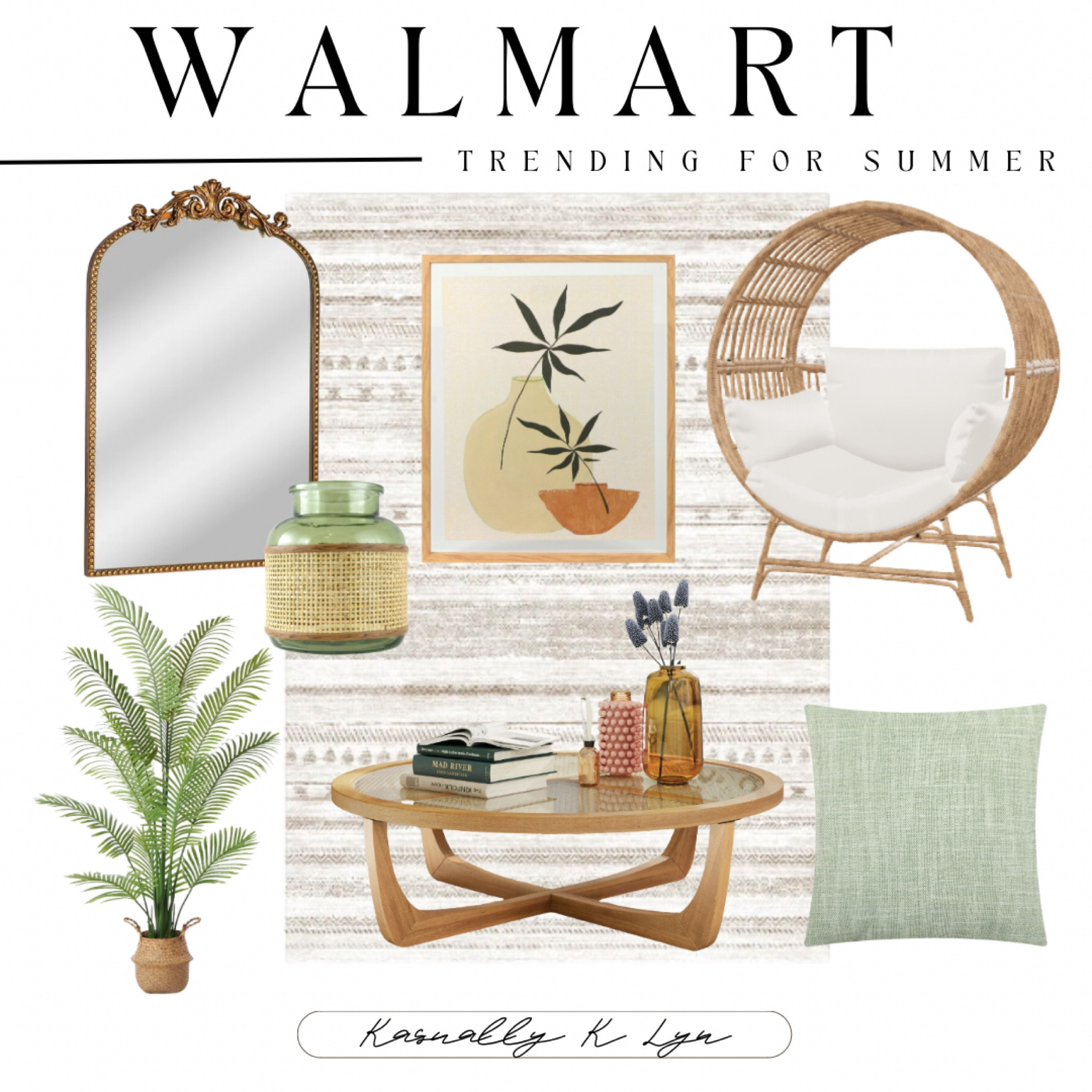 Walmart Trending For Summer!! beige round wicker outdoor egg chair. artificial plant in basket/fake green palm tree with woven sawgrass belly basket for home decor/office house/living room/  indoor/outdoor. washable boho moroccan soft neutral rug. green translucent glass vase with natural rattan caning wrap. rattan & glass coffee table with solid wood frame by drew barrymore. gold filigree arch metal wall mirror. pastel green woven slub decorative square throw pillow. modern gallery geometric neutral potted plant wall hanging portrait. 

#LTKSeasonal #LTKHome