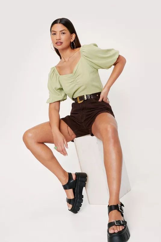 Linen Look Ruched Puff Sleeve Blouse | Nasty Gal (US)