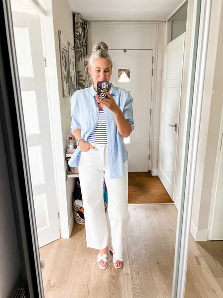 Outfits of the week

A light blue linen blend (mixed with cotton) button down shirt over a striped tanktop (old Zara) and wide legged white jeans. Paired with silver sandals or slides. 



#LTKcurves #LTKstyletip #LTKeurope