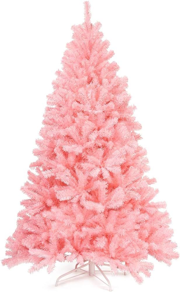 Goplus 6ft Unlit Pink Artificial Christmas Tree, Hinged Spruce Full Tree with Metal Stand, 100% N... | Amazon (US)