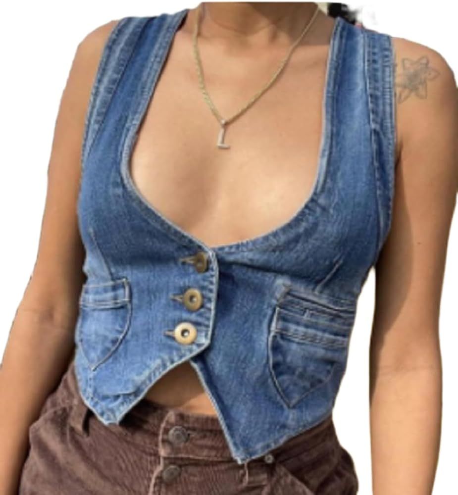 Women Vintage Y2K Denim Vest Sexy V Neck Button Down Cropped Jean Corset Sleeveless Waistcoat Tan... | Amazon (US)