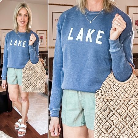 Lake sweatshirt. Drawstring shorts. Crochet purse. Summer outfit. All fit true to size. 

#LTKSeasonal #LTKitbag #LTKstyletip