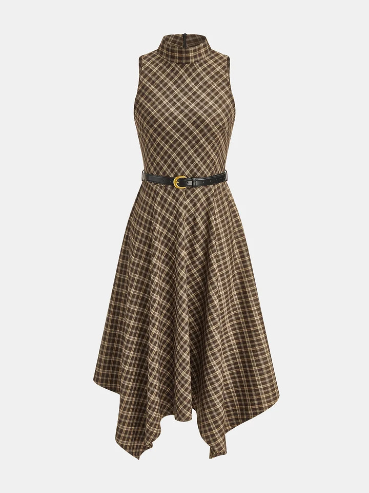 Wool Blend Asymmetric Plaid Belted Maxi Dress | Commense
