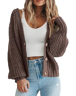 PRETTYGARDEN Women's Chunky Knit Open Front Sweater Long Sleeve Button Loose Short Cardigan Outer... | Amazon (US)