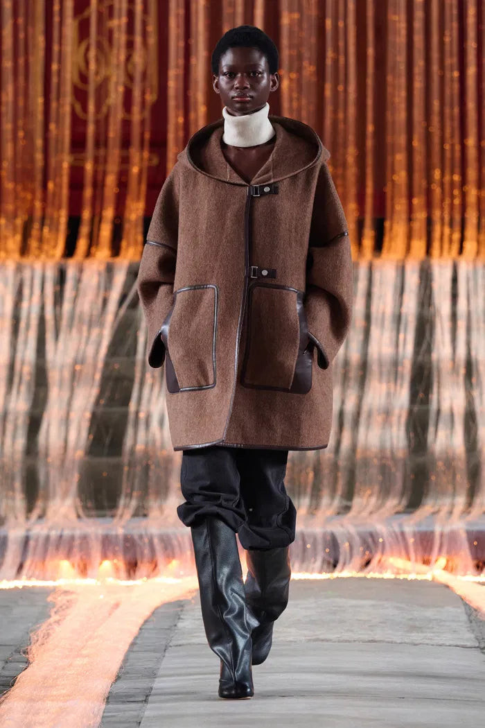 Selva Short Leather Trim Hooded Wool Coat in Merino-Alpaca Twill | Fabrique