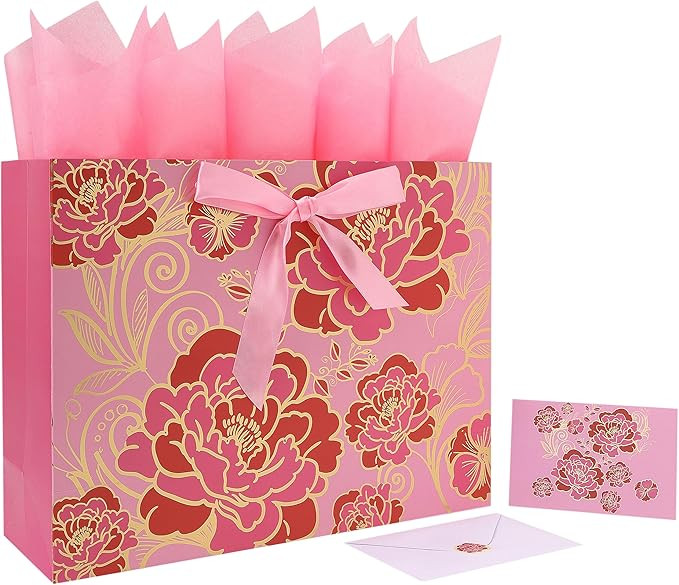 16.5" Extra Large Rose Pink Gift Bag Set with Greeting Card and Tissue Paper(Foil Traced Flowers)... | Amazon (US)