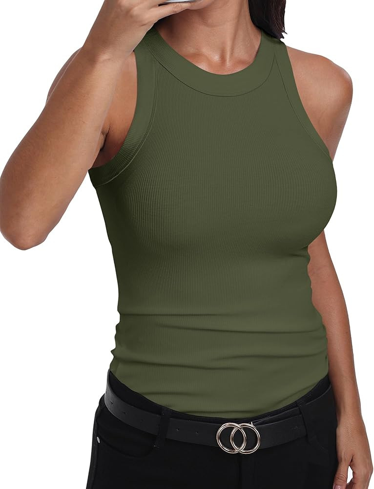 GEMBERA Womens Sleeveless Racerback High Neck Casual Basic Cotton Ribbed Fitted Tank Top | Amazon (US)