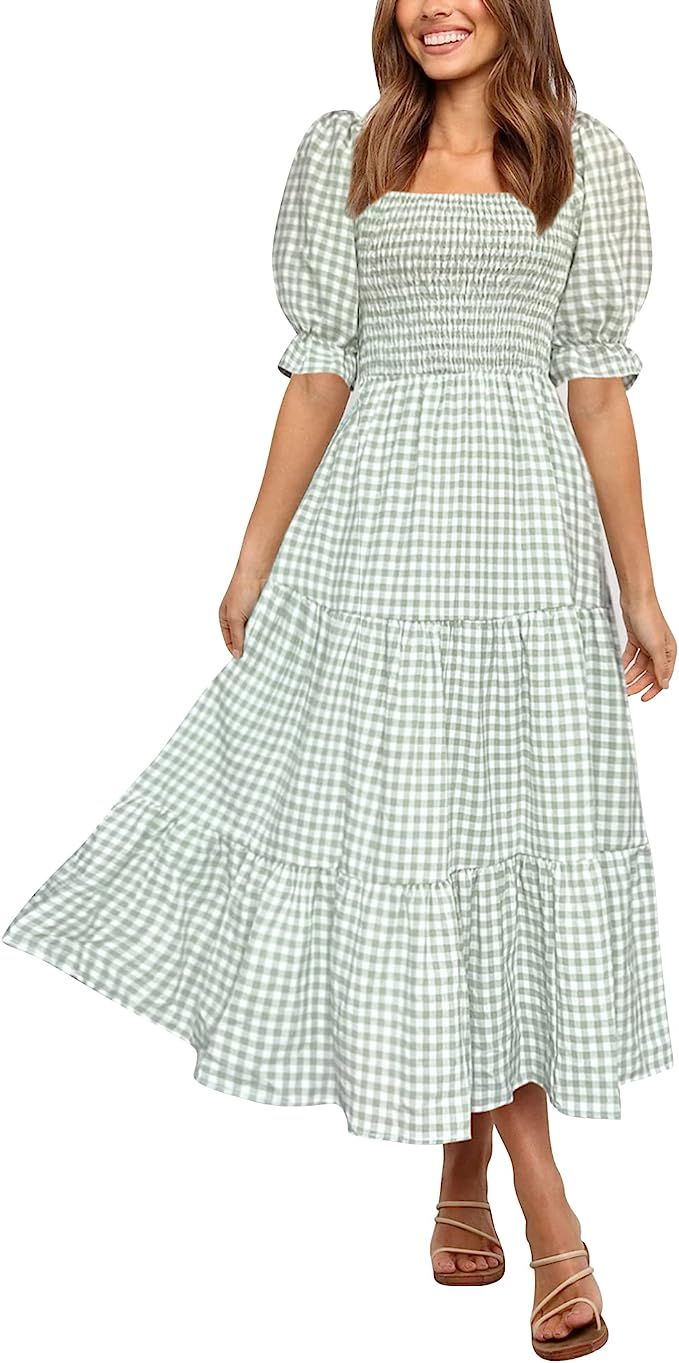 Honwenle Women's Summer Gingham Puff Sleeve Square Neck Tie Back Bow Tiered Ruffle Flowy Boho Mid... | Amazon (US)