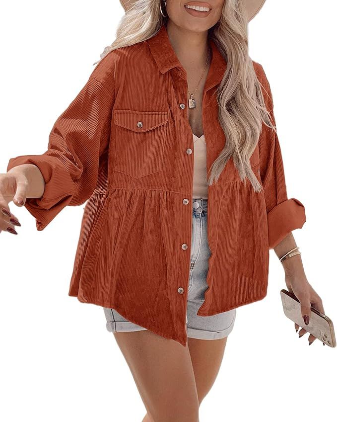 Ashuai Women Corduroy Peplum Babydoll Shacket Jacket Oversized Long Sleeve Button Down Shirts Cas... | Amazon (US)