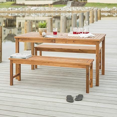 Walker Edison Dominica Contemporary 3 Piece Slatted Acacia Wood Outdoor Dining Table and Bench Se... | Amazon (US)