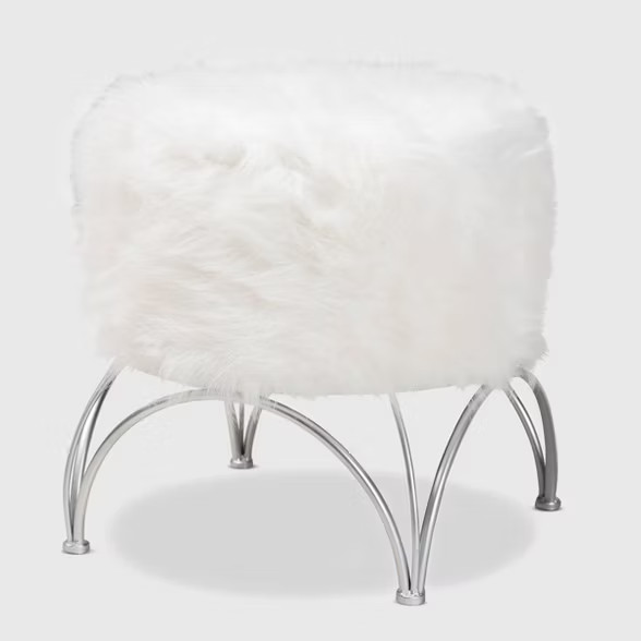 Celia Faux Fur Upholstered Silver Metal Ottoman White/Silver - Baxton Studio | Target