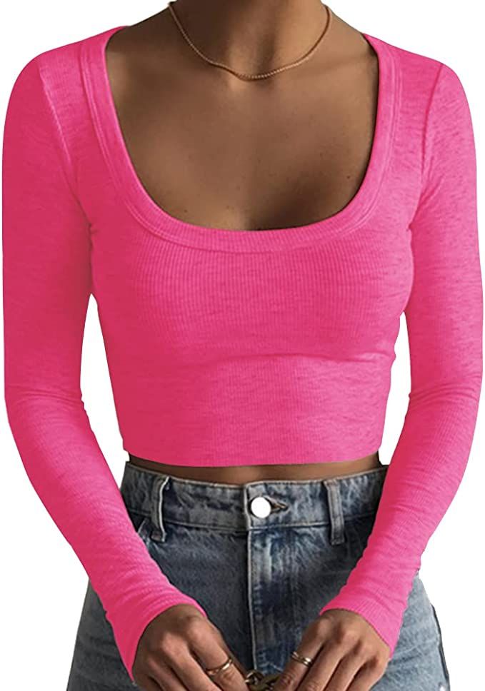 Artfish Women's Square Neck Long Sleeve Ribbed Slim Fitted Casual Basic Crop Top (Hot Pink, S) at... | Amazon (US)
