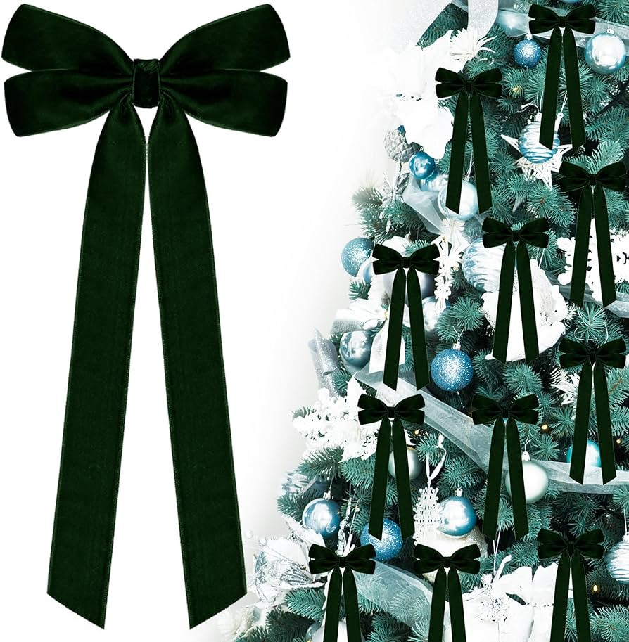 MUKOSEL12Pcs Dark Green Velvet Ribbon Bows Christmas Tree Decorations, Xmas Ornaments for Tree Ho... | Amazon (US)