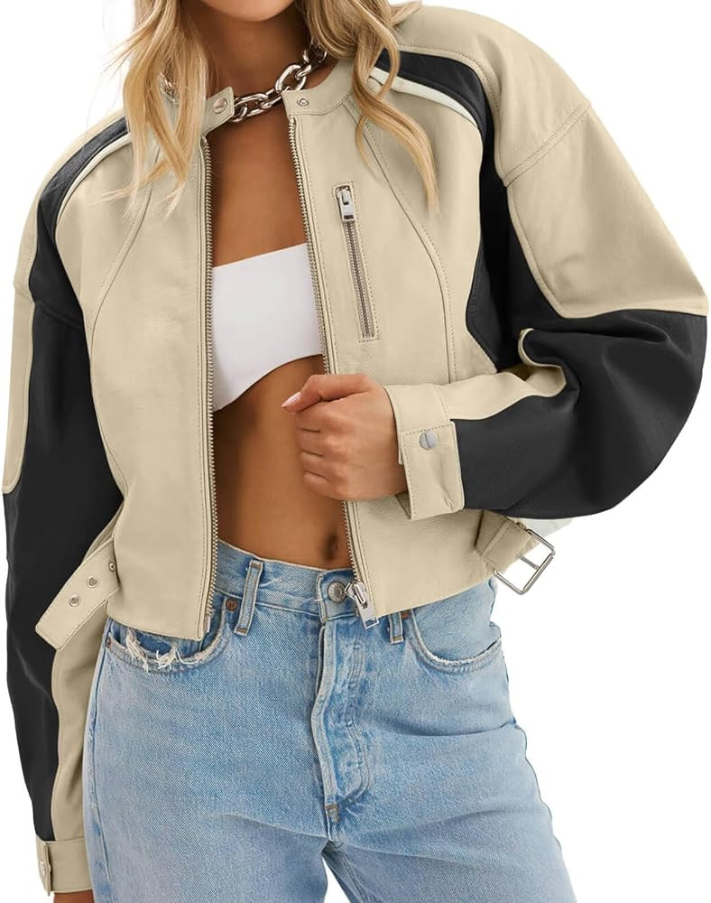 Tankaneo Womens Faux Leather Bomber Jackets Cropped Zip Up Color Block Fall Casual Moto Biker Coa... | Amazon (US)