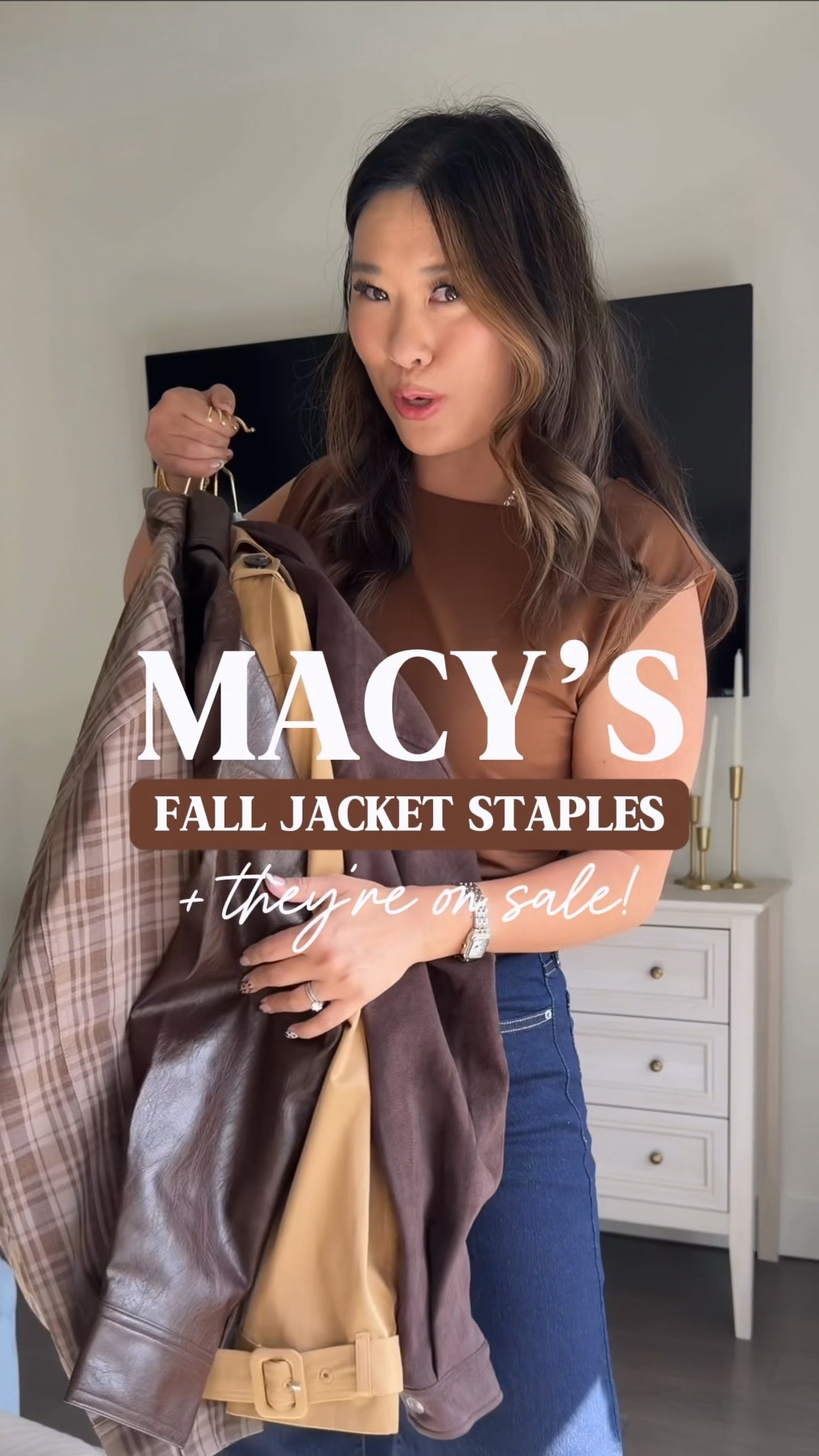 Macy’s Fall Jackets on sale!!!
Suede Jacket: Small
Other Jackets: Medium
Top: Medium
Levi’s Denim: 28