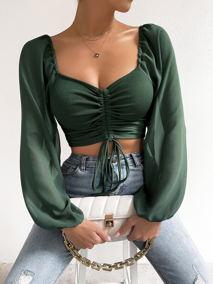 Sweetheart Neck Drawstring Lantern Sleeve Crop Top | SHEIN