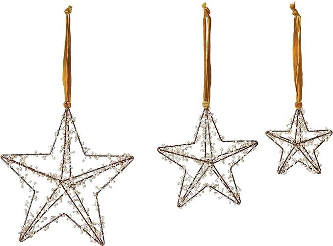 Creative Co-Op Gold Star Wrapped with Decorative Beads (Set of 3 Sizes) Metal Ornaments | Amazon (US)
