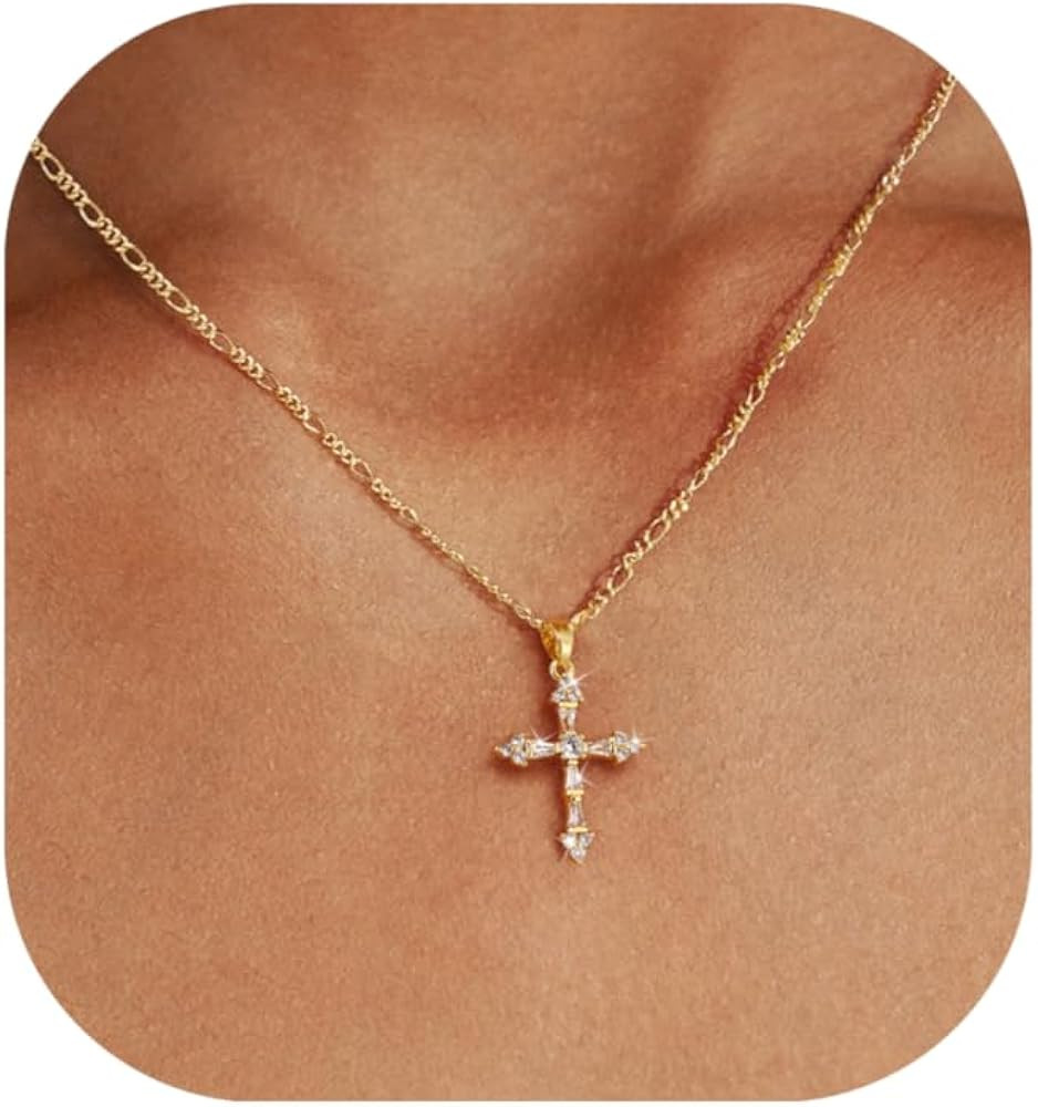 Cross Necklace for Women,Double Cross Necklace 14K Gold Plated Cross Pendant Necklace Dainty Gold... | Amazon (US)