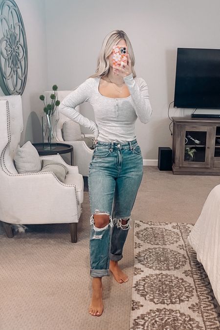 Ribbed body suit & distressed jeans from Aerie! 

#LTKstyletip #LTKfindsunder50 #LTKsalealert