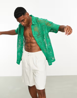 Bershka revere neck lace shirt in green | ASOS (Global)