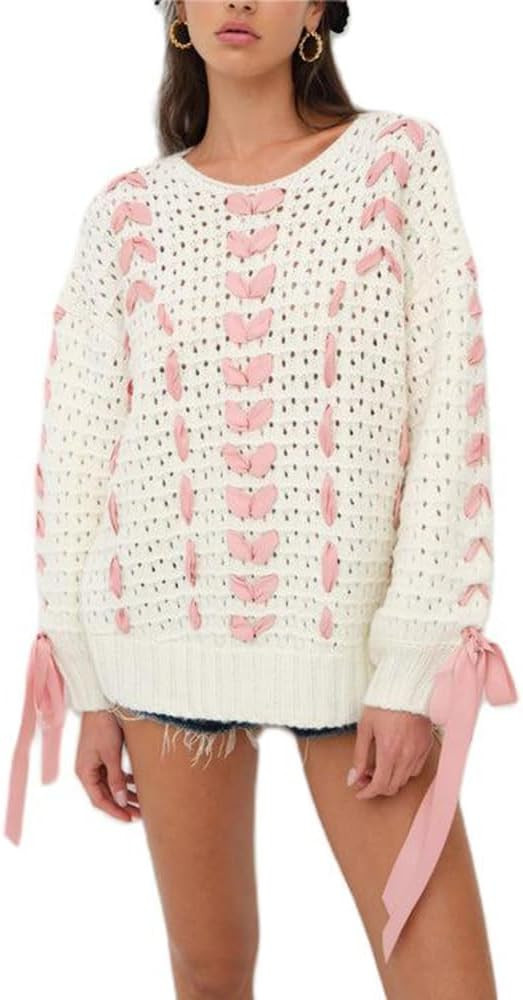 Women Y2k V Neck Sweater Retro Low Cut Long Sleeve Pullover Top E-Girl Cute Solid Loose Fit Lace ... | Amazon (US)