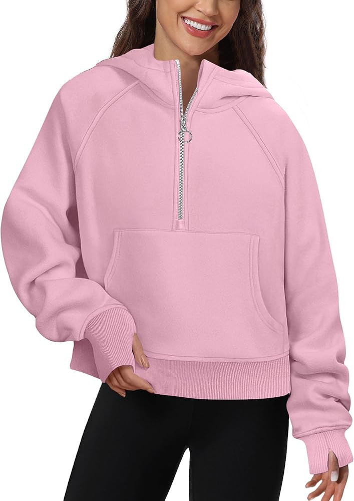 FKEEP Half Zip Hoodies for Women Zipper Up Cropped Hooded Long Sleeve Athletic Pullover Tops with... | Amazon (US)