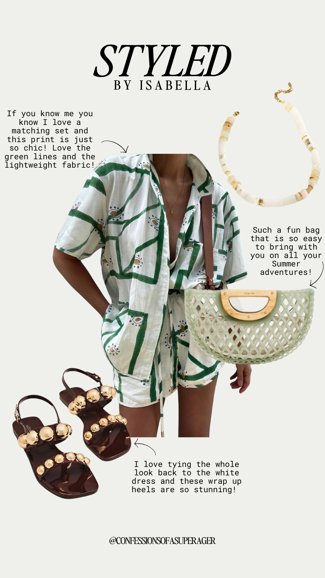 Matching sets are my summer style weakness 💚 This chic green-and-white printed two-piece set is lightweight, effortless, and perfect for everything from beach vacations to resort dinners and weekend getaways. Styled with statement sandals, a woven tote, and neutral accessories for that elevated coastal-chic look I love. Save this outfit for your next warm-weather adventure and shop all the details now on LTK! ✨ 

 #MatchingSet #SummerStyle #VacationOutfit #ResortWear #CoastalChic #BeachVacationStyle #SummerFashion #TravelOutfit #TwoPieceSet #EffortlessStyle #VacationFashion #ResortStyle #LuxuryStyle #NeutralAccessories #FashionOver40 #Over50Style #WarmWeatherStyle #LTKStyle #LTKFinds #ConfessionsOfASuperager #LTKootd #LTKSeasonal #LTKOver40