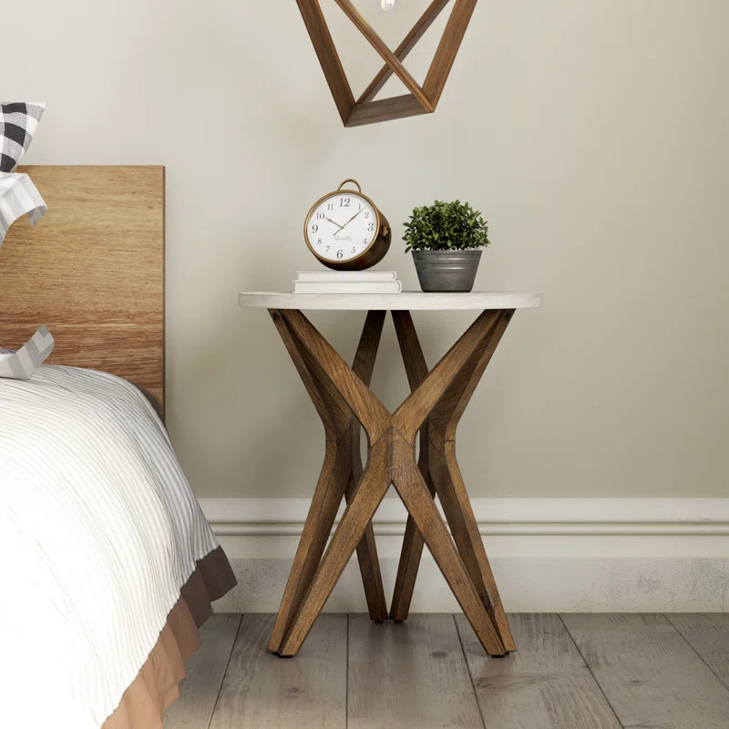 Crossed Legs Round End Table, Distressed White Top with Tripod Base for Modern Farmhouse, Boho | Wayfair North America