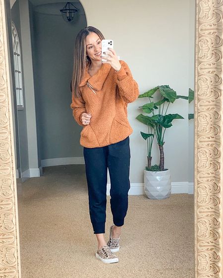 Cozy fall outfit! Perfect for every day, mom life! The best carpool outfit! 😁 this cozy, sharp beck comes in a gazillion colors. It’s so warm, and it has pockets! I am wearing a size small in the color khaki. Joggers come in a cropped length and a long length. I own and love both! I’m wearing a crop length in this picture. Size extra small in both styles. Shoes go up a half size.

#LTKunder50 #LTKtravel #LTKstyletip