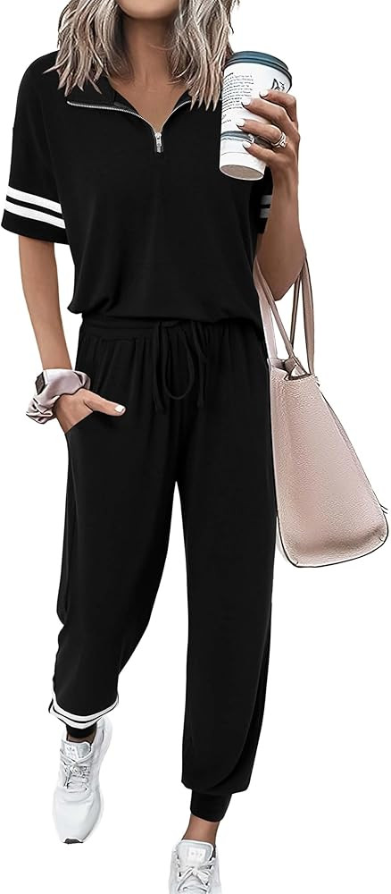 MASCOMODA 2 Piece Outfits for Women 2026 Summer Casual Quarter Zip Short Sleeve Tops Long Pants T... | Amazon (US)