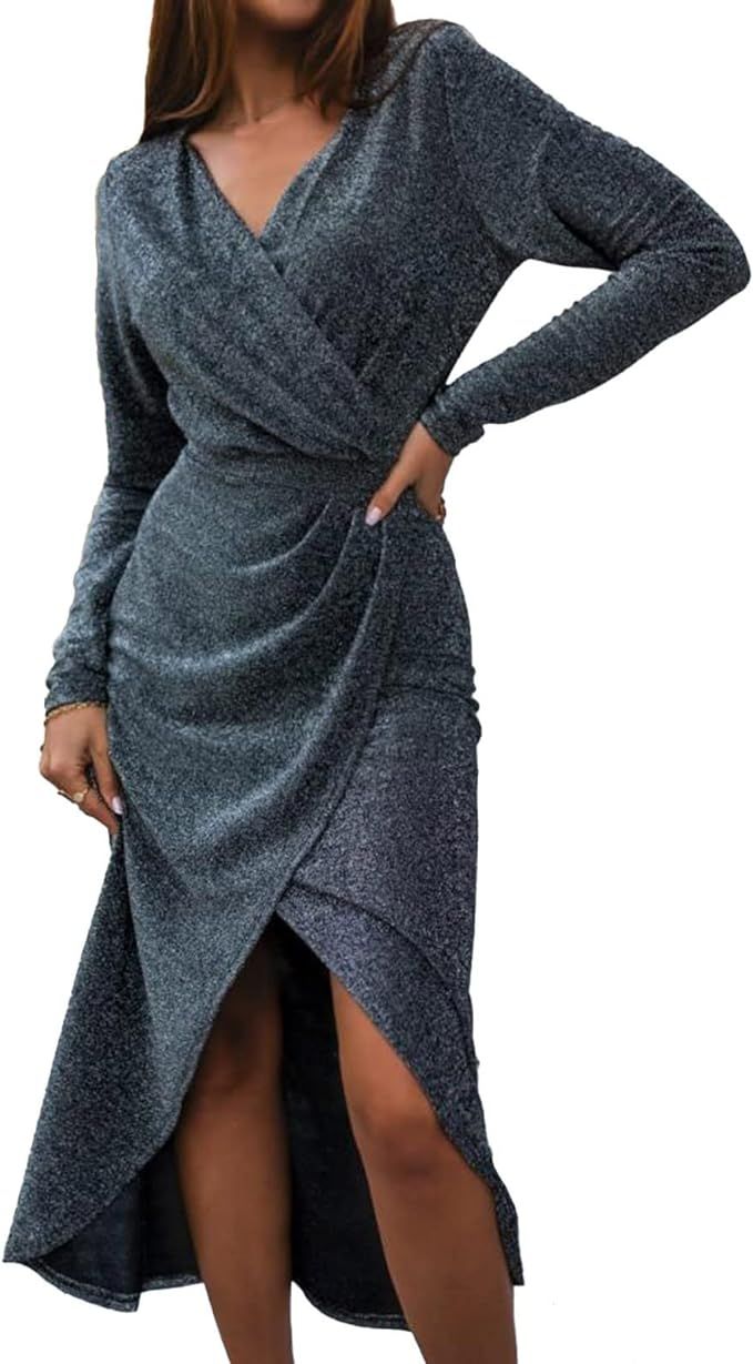 BBesty Women's Elegant V Neck Slit Maxi Dress Long Sleeve Wrap Ruched Cocktail Party Dress Slim F... | Amazon (US)