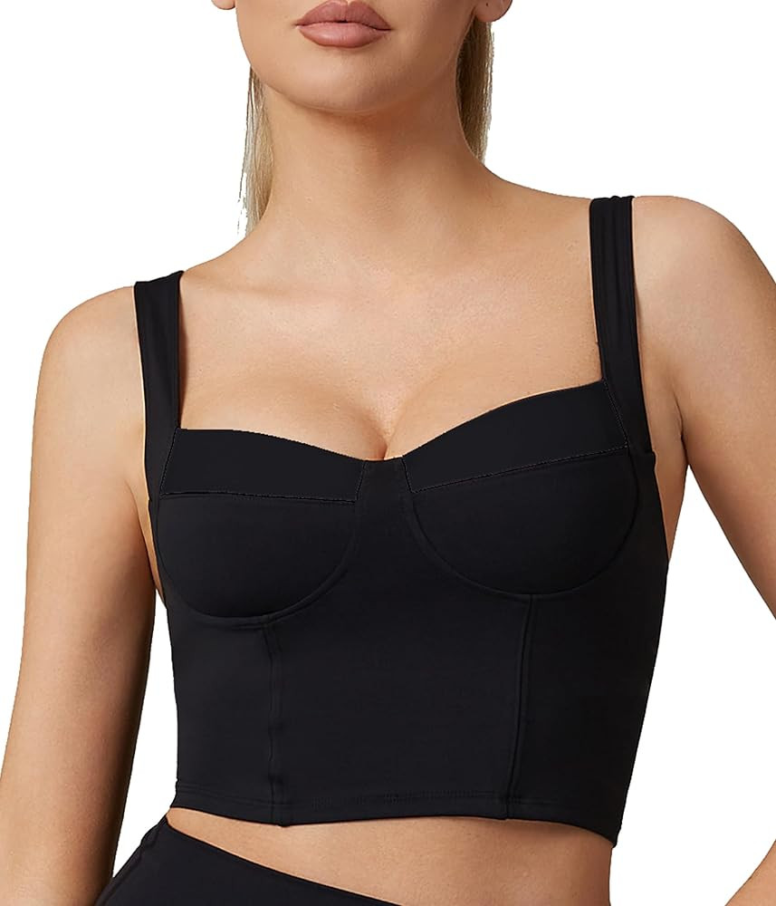 Womens Square Neck Longline Padded Sports Bra- Pushed Up Corset Front Workout Fitness Open Back Y... | Amazon (US)