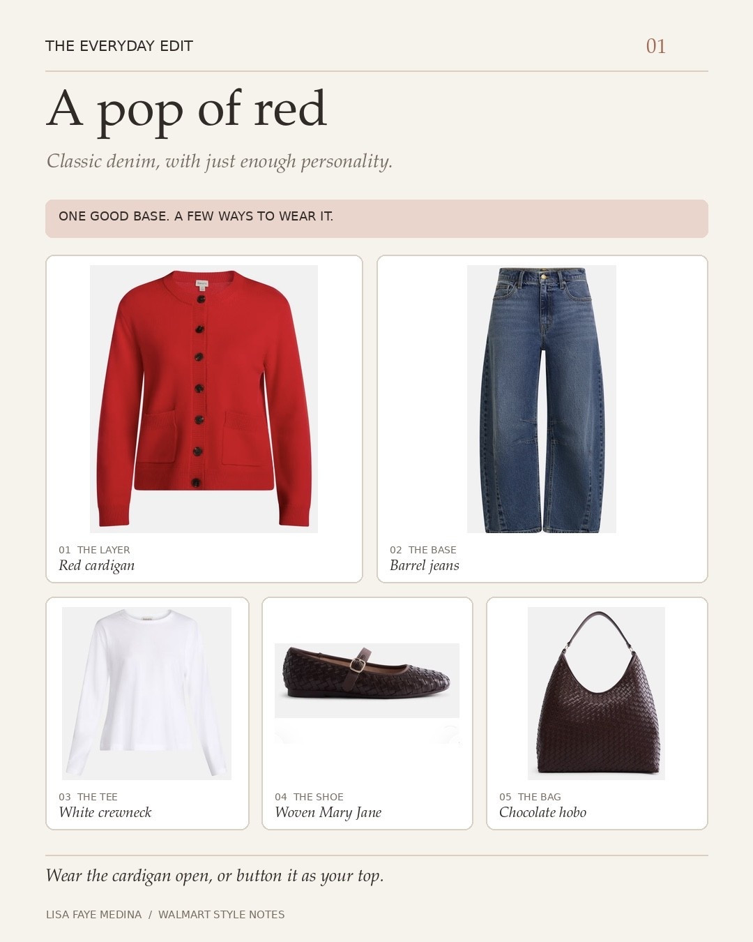 An easy fall outfit with a little color: a red cardigan, white crewneck tee, barrel jeans, woven Mary Jane flats, and a chocolate brown hobo bag. Wear the cardigan open for a relaxed look or button it up as the top. I linked each piece so you can mix this outfit with what’s already in your closet. #FallOutfit #WalmartFashion

#LTKootd #LTKSaleAlert #LTKHome