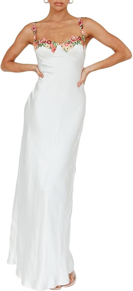 Sexy Satin Spaghetti Strap Floral Embroidered Maxi Dress for Women Sweetheart Neckline Backless S... | Amazon (US)