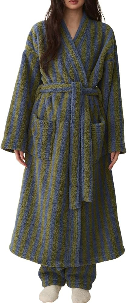 Homgro Women's Fuzzy Fleece Long Robe Striped Plush Kimono Warm Thick Fluffy Oversized V Neck Lou... | Amazon (US)