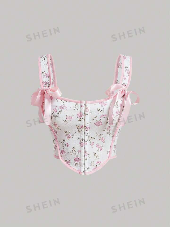 SHEIN MOD Floral Print Knot Front Wide Straps Top Without Blouse | SHEIN