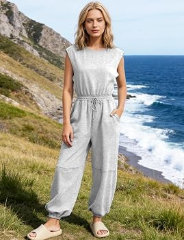 Flygo Womens Casual Jumpsuit Crewneck Cap Sleeve Long Wide Leg Pants One Piece Outfits Drawstring... | Amazon (US)